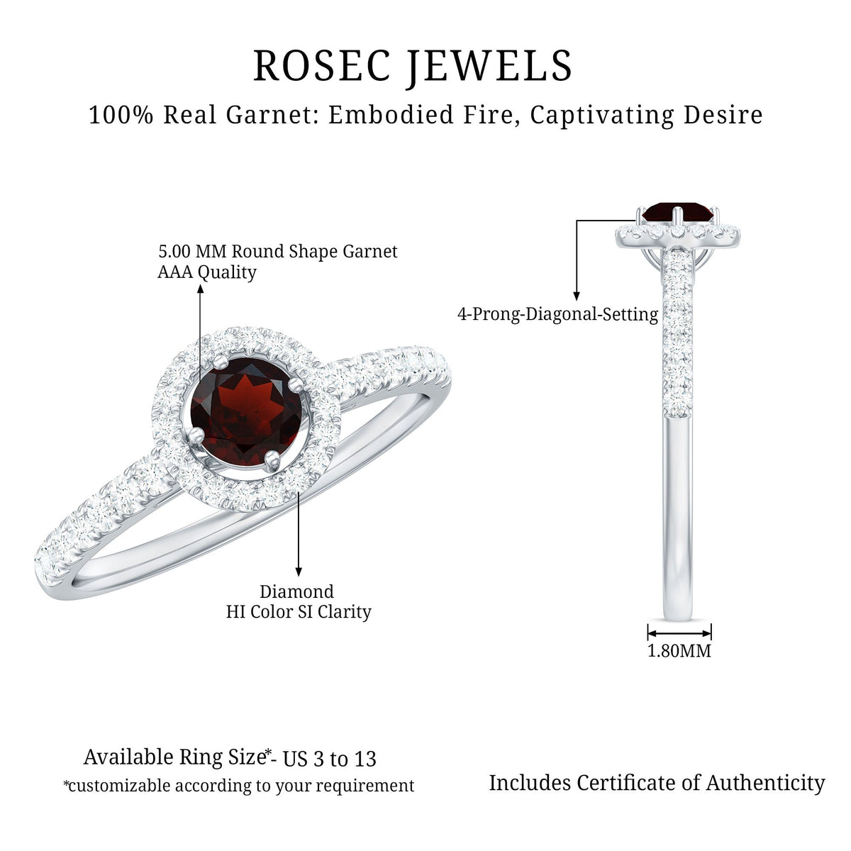Rosec Jewels garnet minimal engagement ring with diamond halo, showcasing a central garnet gemstone and delicate band detail.