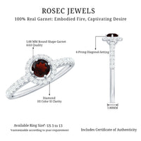 Rosec Jewels garnet minimal engagement ring with diamond halo, showcasing a central garnet gemstone and delicate band detail.