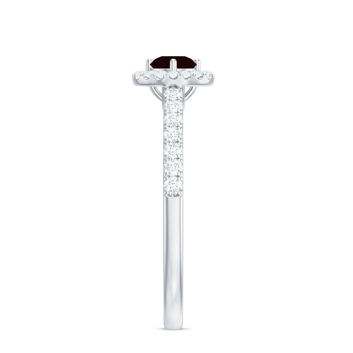 Rosec Jewels garnet minimal engagement ring with diamond halo, showcasing a elegant garnet centerpiece and sparkling diamond accents.