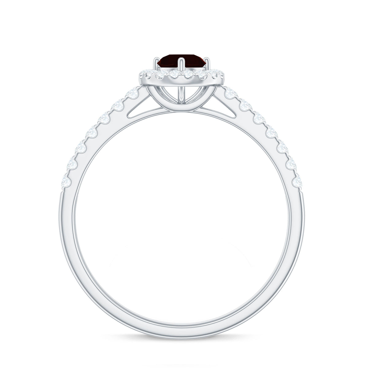 Rosec Jewels Garnet minimal engagement ring with diamond halo, showcasing a central garnet gemstone and delicate ring band.