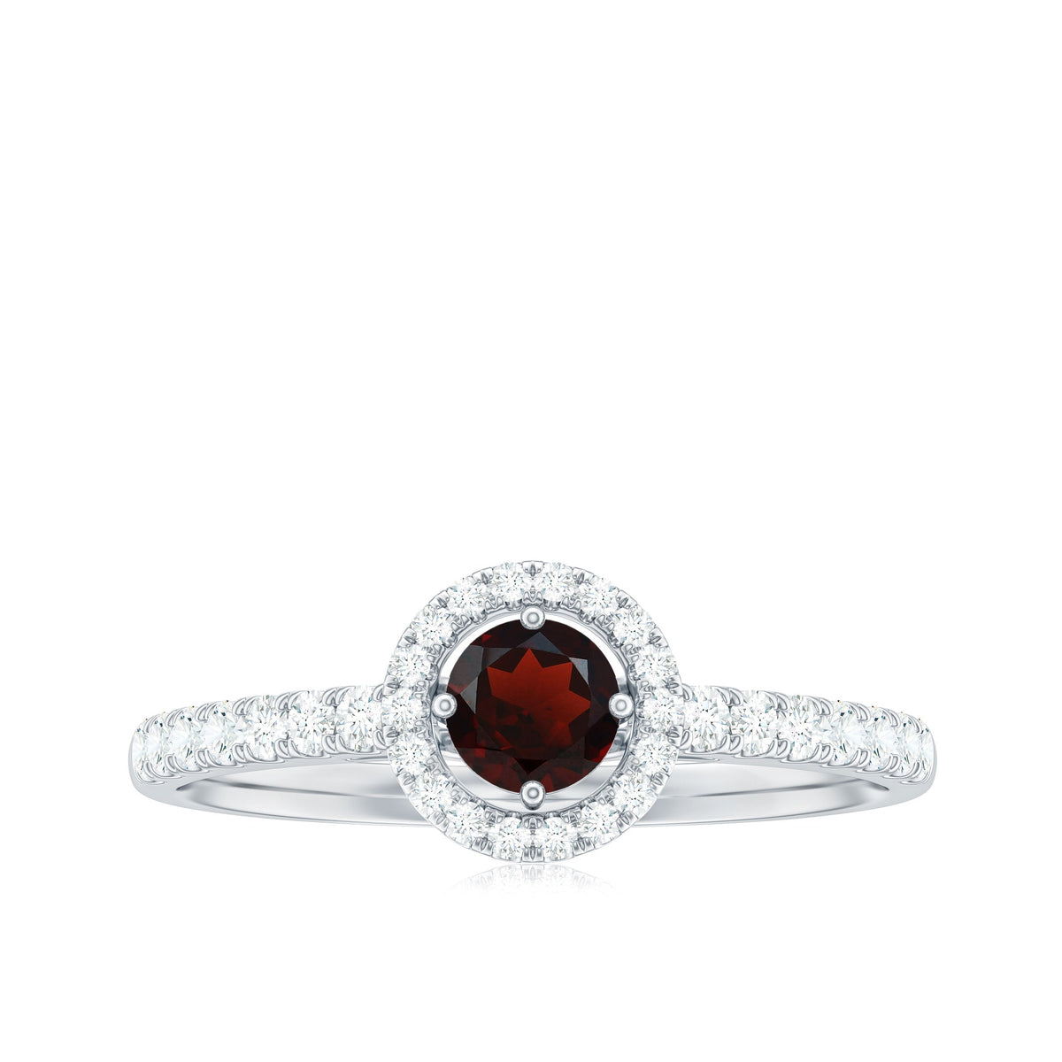 Rosec Jewels garnet engagement ring with diamond halo, featuring a sleek minimal design and elegant craftsmanship.