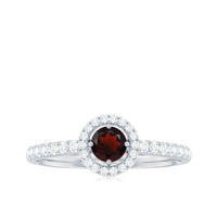 Rosec Jewels garnet engagement ring with diamond halo, featuring a sleek minimal design and elegant craftsmanship.