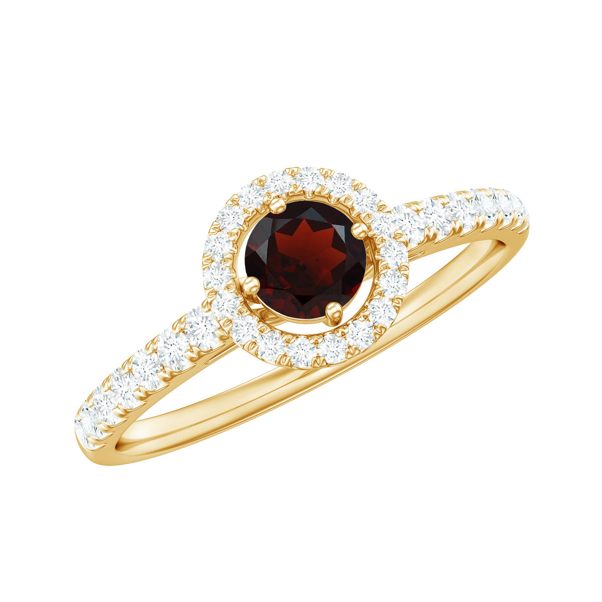 Rosec Jewels garnet minimal engagement ring with diamond halo, featuring a central garnet stone and delicate band design.