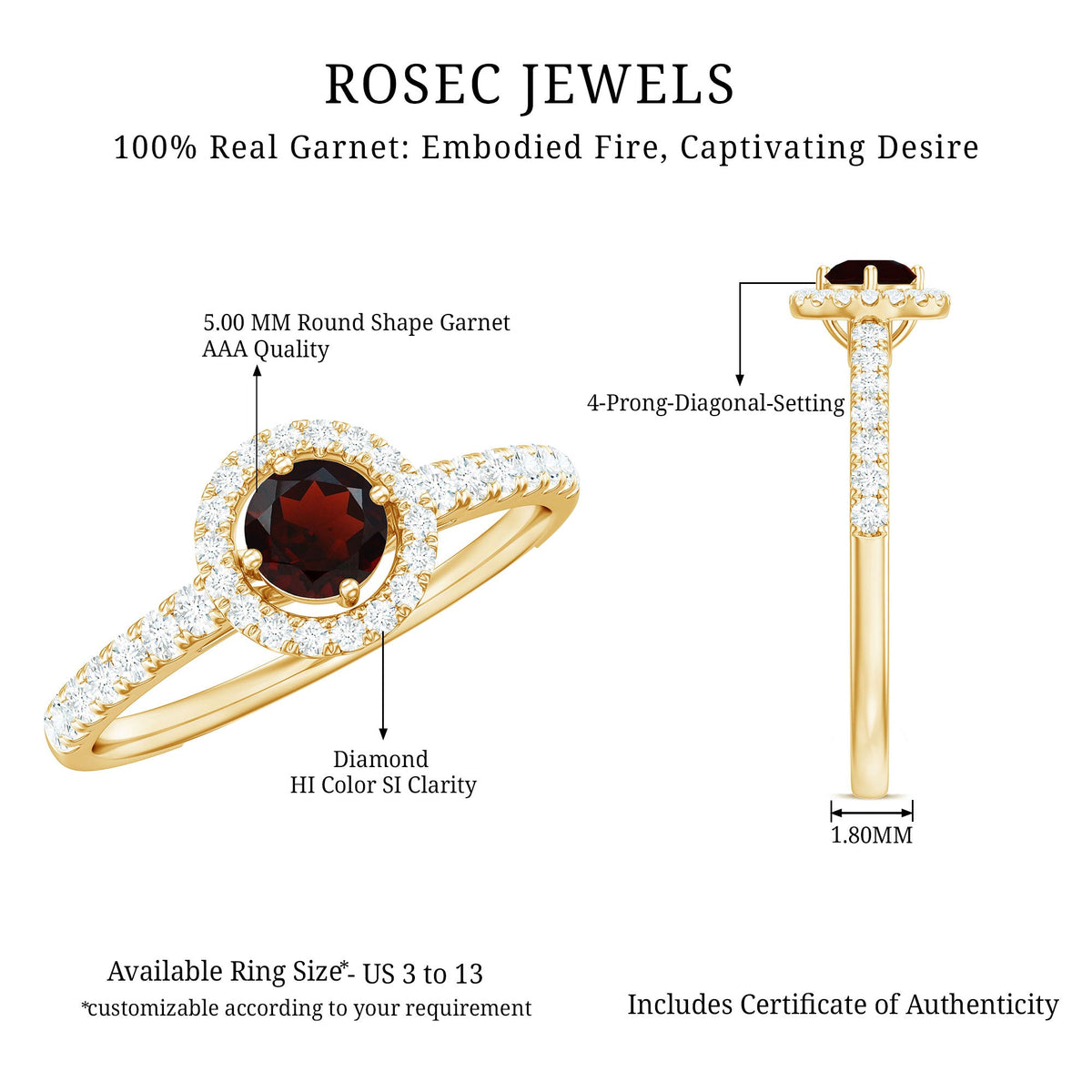 Rosec Jewels Garnet minimal engagement ring with diamond halo, showcasing the elegant garnet gemstone and sparkling diamond accents.