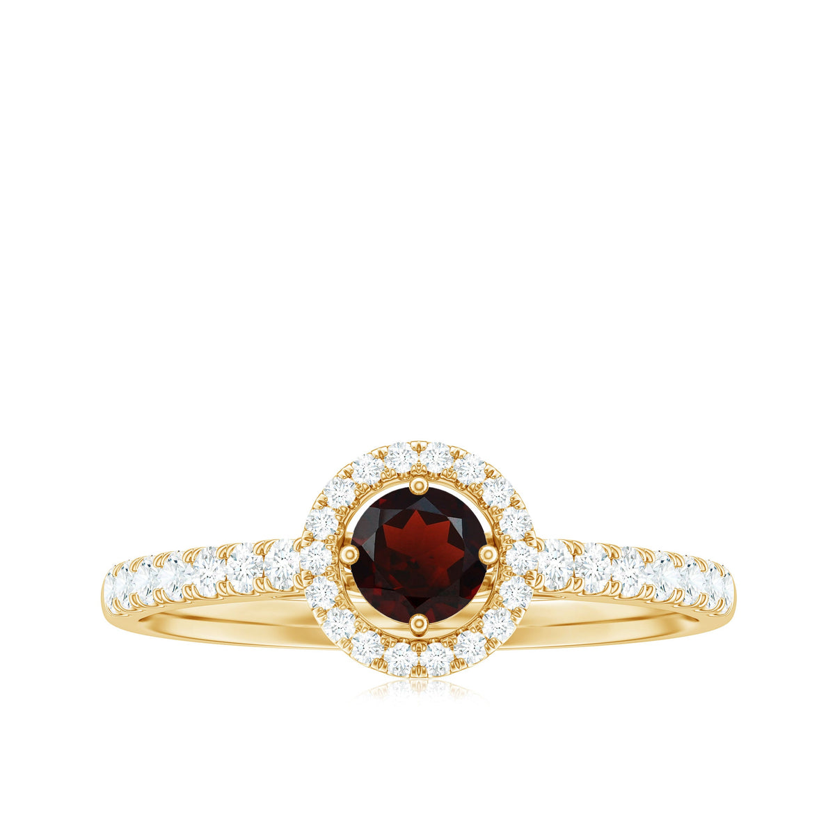 Rosec Jewels garnet minimal engagement ring with diamond halo, featuring a central garnet stone and surrounding sparkling diamonds.