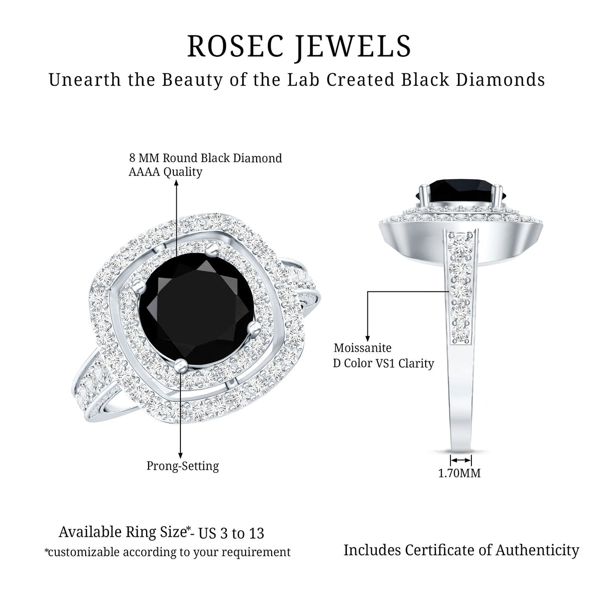 Certified 2 Carat Lab Grown Black Diamond Double Halo Engagement Ring with Moissanite