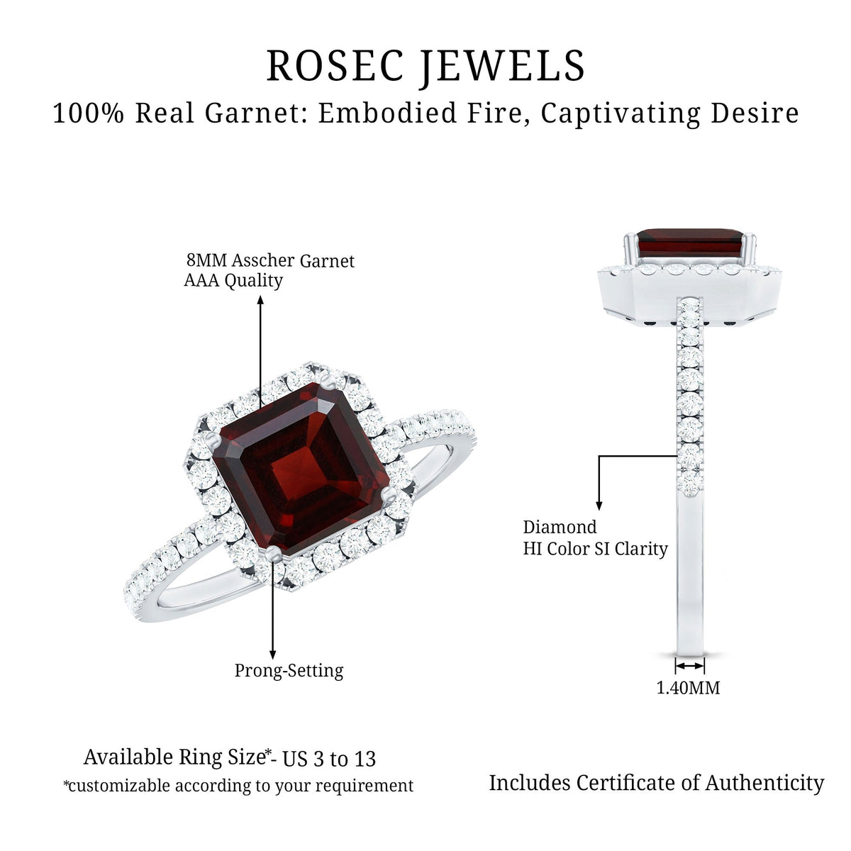 Natural 3.3 Carat Garnet Asscher Cut Engagement Ring with Diamond Halo