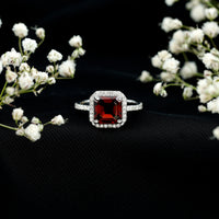 Natural 3.3 Carat Garnet Asscher Cut Engagement Ring with Diamond Halo