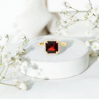 Natural 3.3 Carat Garnet Asscher Cut Engagement Ring with Diamond Halo