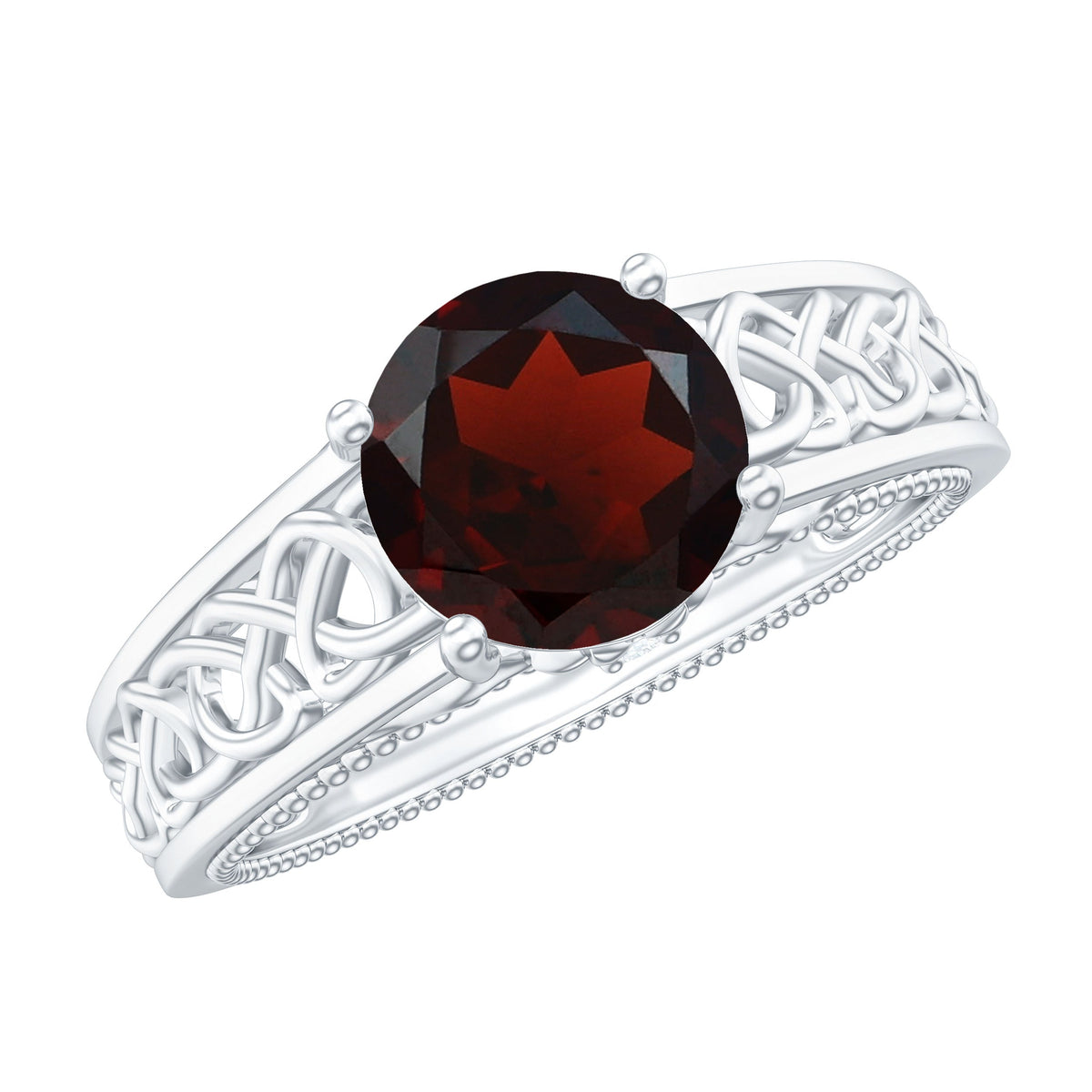 Vintage garnet and diamond engagement ring with Celtic knot design from Rosec Jewels, showcasing intricate metalwork and sparkling stones.