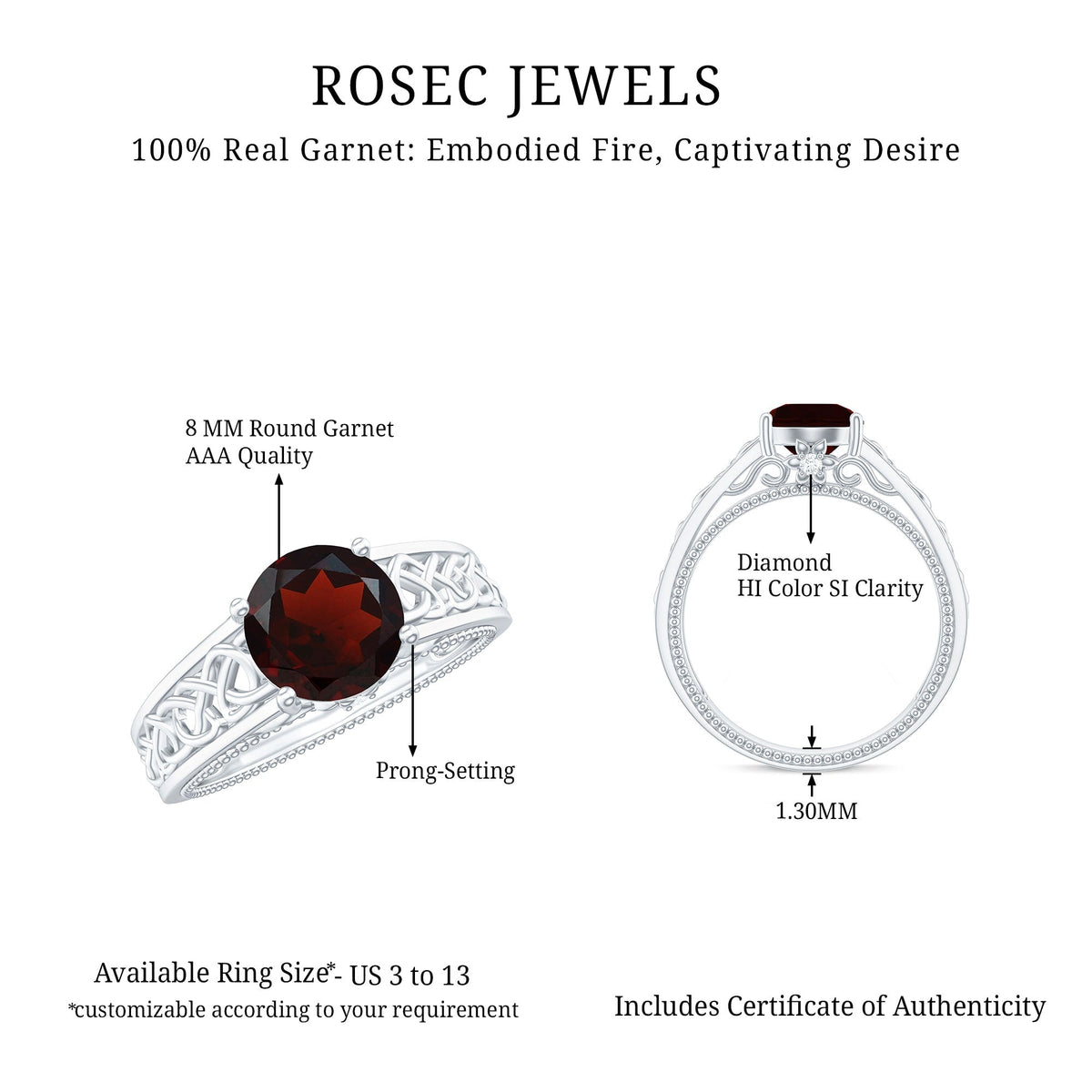 Vintage style garnet and diamond engagement ring with Celtic knot design from Rosec Jewels, featuring intricate metalwork and gemstone accents.