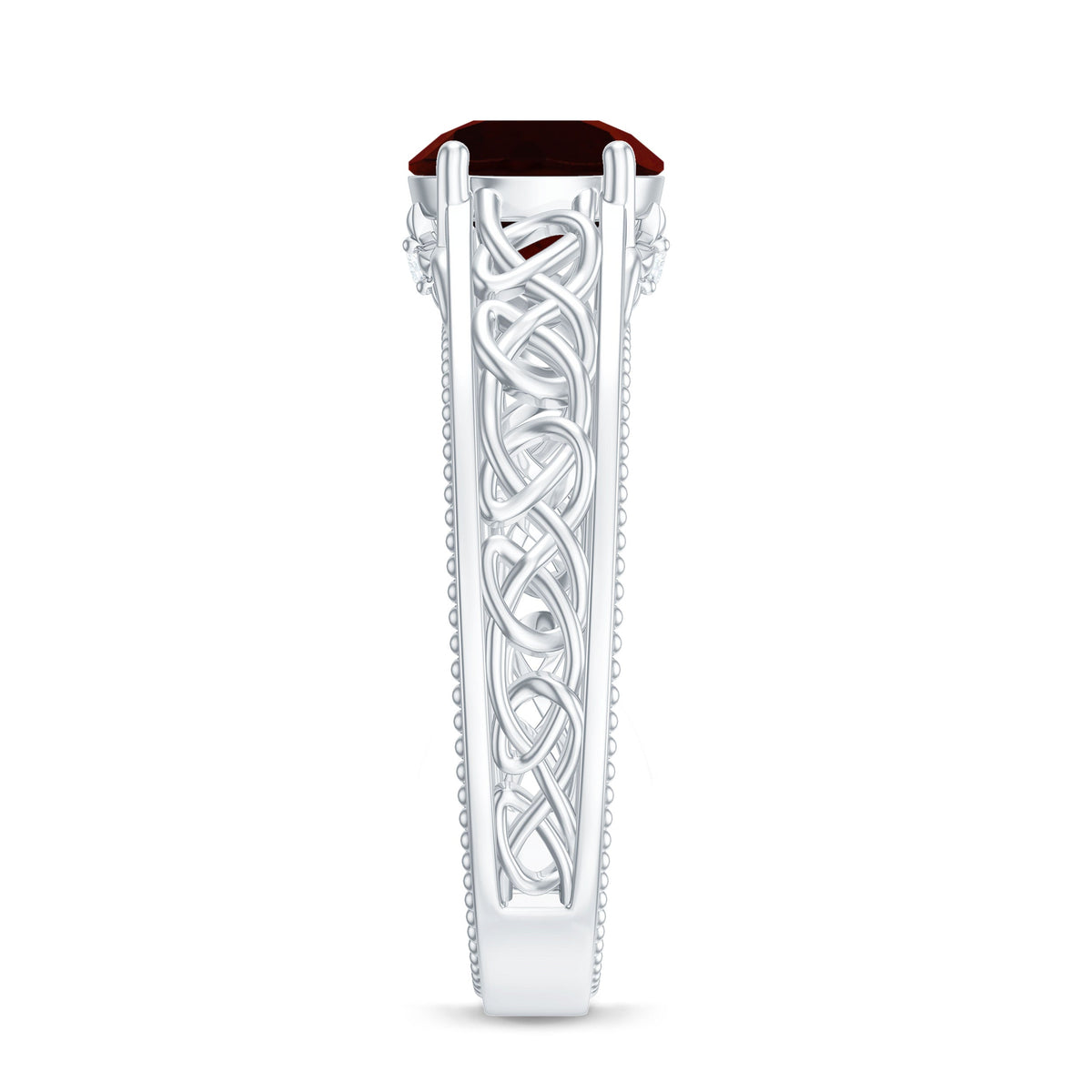 Vintage style Garnet and diamond engagement ring with Celtic knot design from Rosec Jewels, featuring intricate metalwork and gemstone details.