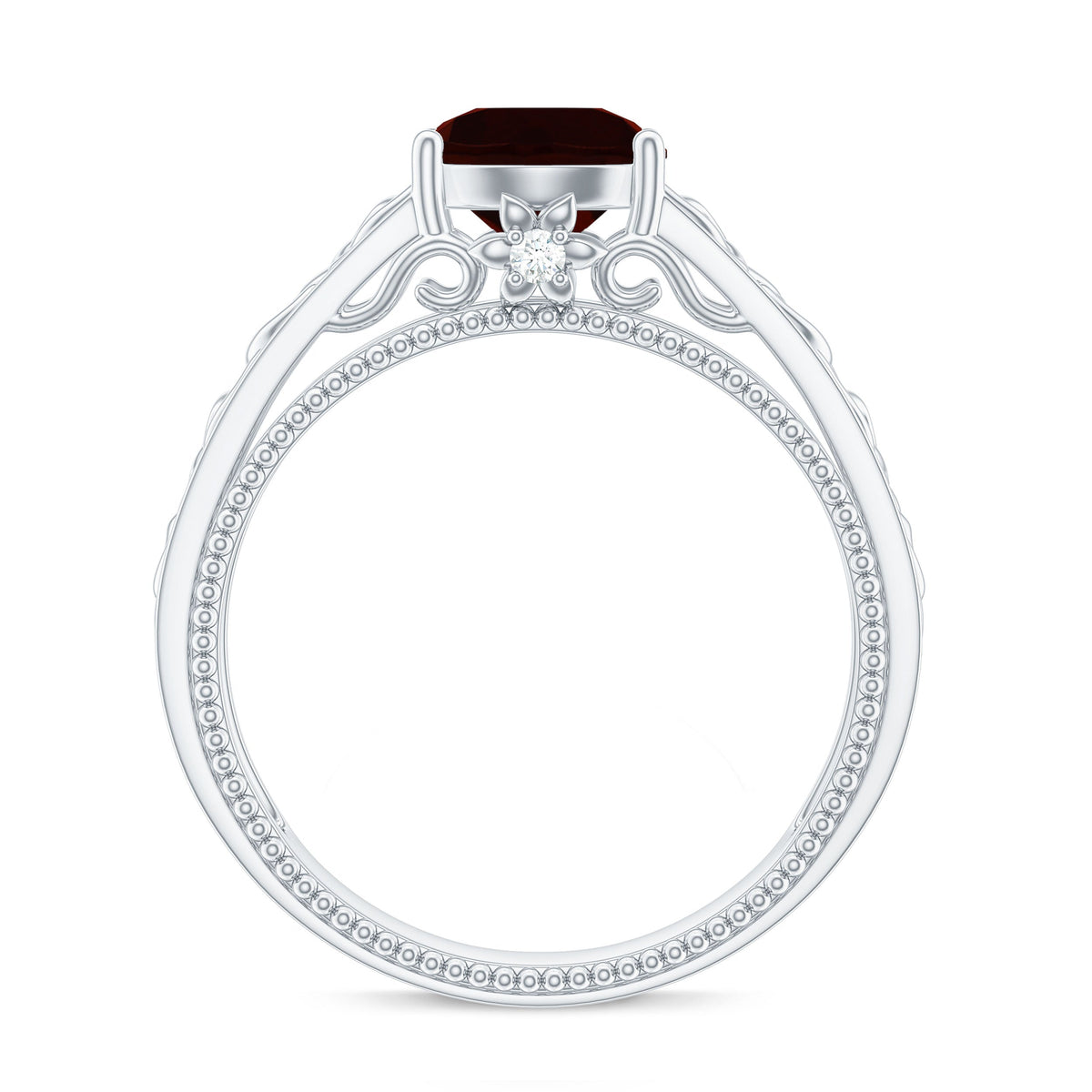 Vintage style garnet and diamond engagement ring with Celtic knot design by Rosec Jewels, showcasing intricate metalwork and gemstone details.