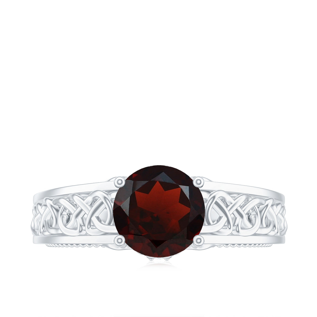 Vintage-style garnet and diamond engagement ring with Celtic knot design by Rosec Jewels, showcasing intricate craftsmanship.
