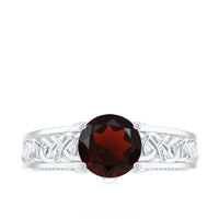Vintage-style garnet and diamond engagement ring with Celtic knot design by Rosec Jewels, showcasing intricate craftsmanship.