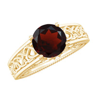 Vintage style garnet and diamond engagement ring with Celtic knot design by Rosec Jewels, featuring intricate metalwork and gemstone accents.