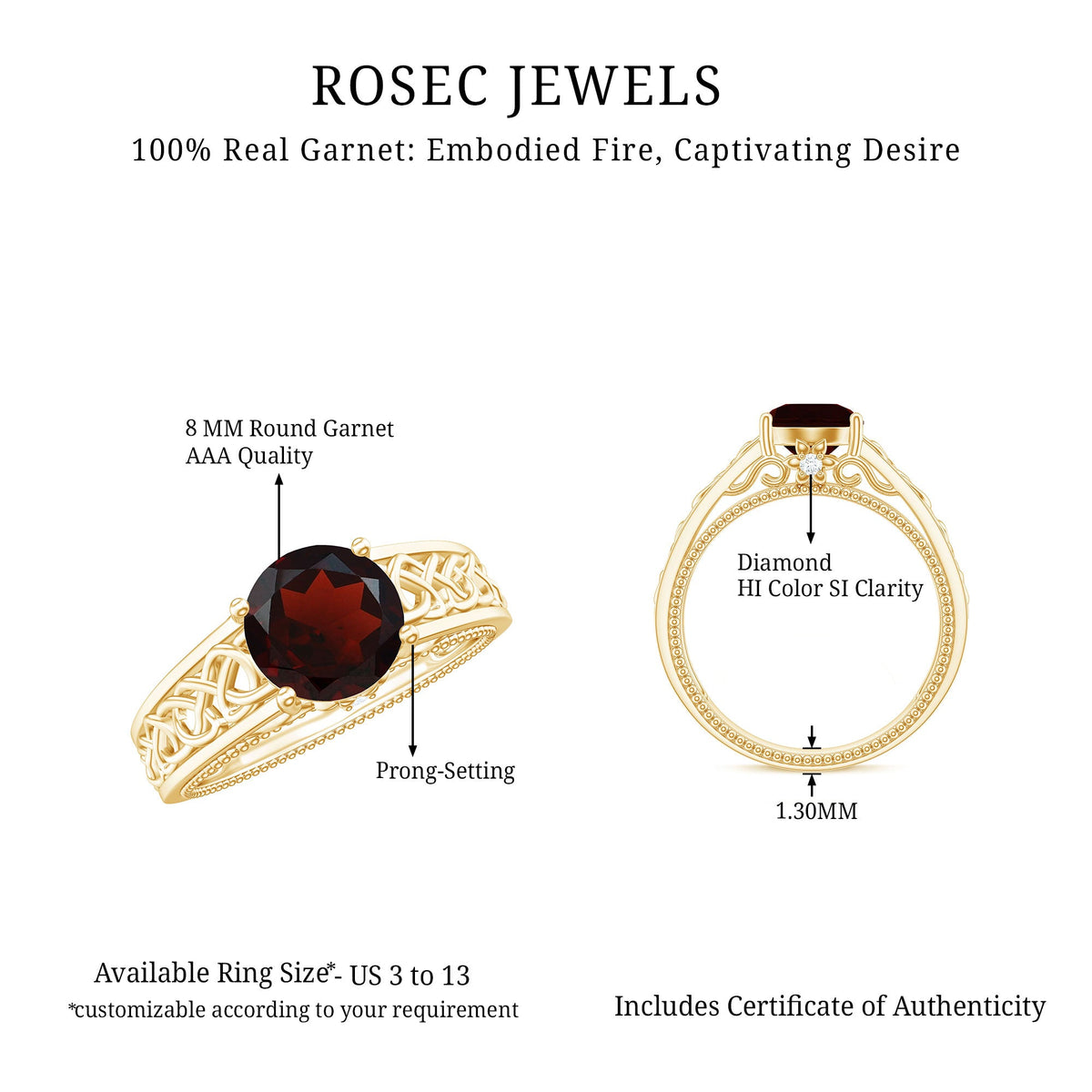 Vintage style garnet diamond engagement ring with Celtic knot design, featuring intricate detailing and sparkling gemstones.