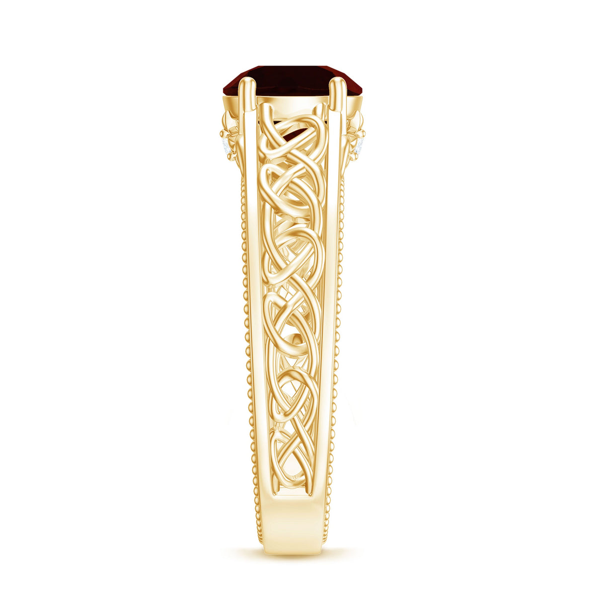 Vintage style garnet diamond engagement ring with Celtic knot design from Rosec Jewels, featuring intricate metalwork and sparkling stones.