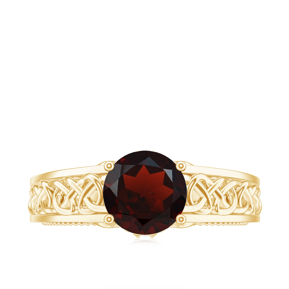 Vintage-style Garnet and Diamond engagement ring with Celtic knot design, featuring intricate metalwork and sparkling gemstones.