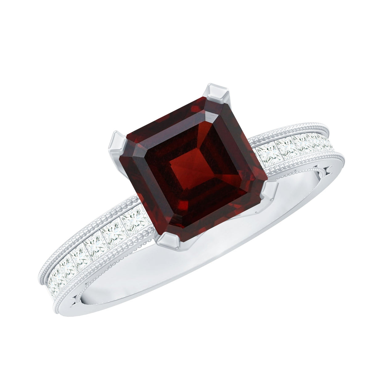 Natural 3.3 carat Asscher cut garnet engagement ring with diamond side stones, featuring a elegant Rosec Jewels design.