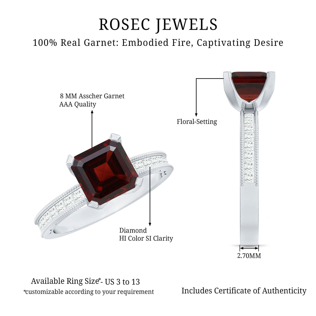 Natural 3.3 carat Asscher cut garnet engagement ring with diamond side stones, featuring a Rosec Jewels ring design.
