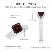 Natural 3.3 carat Asscher cut garnet engagement ring with diamond side stones, featuring a Rosec Jewels ring design.