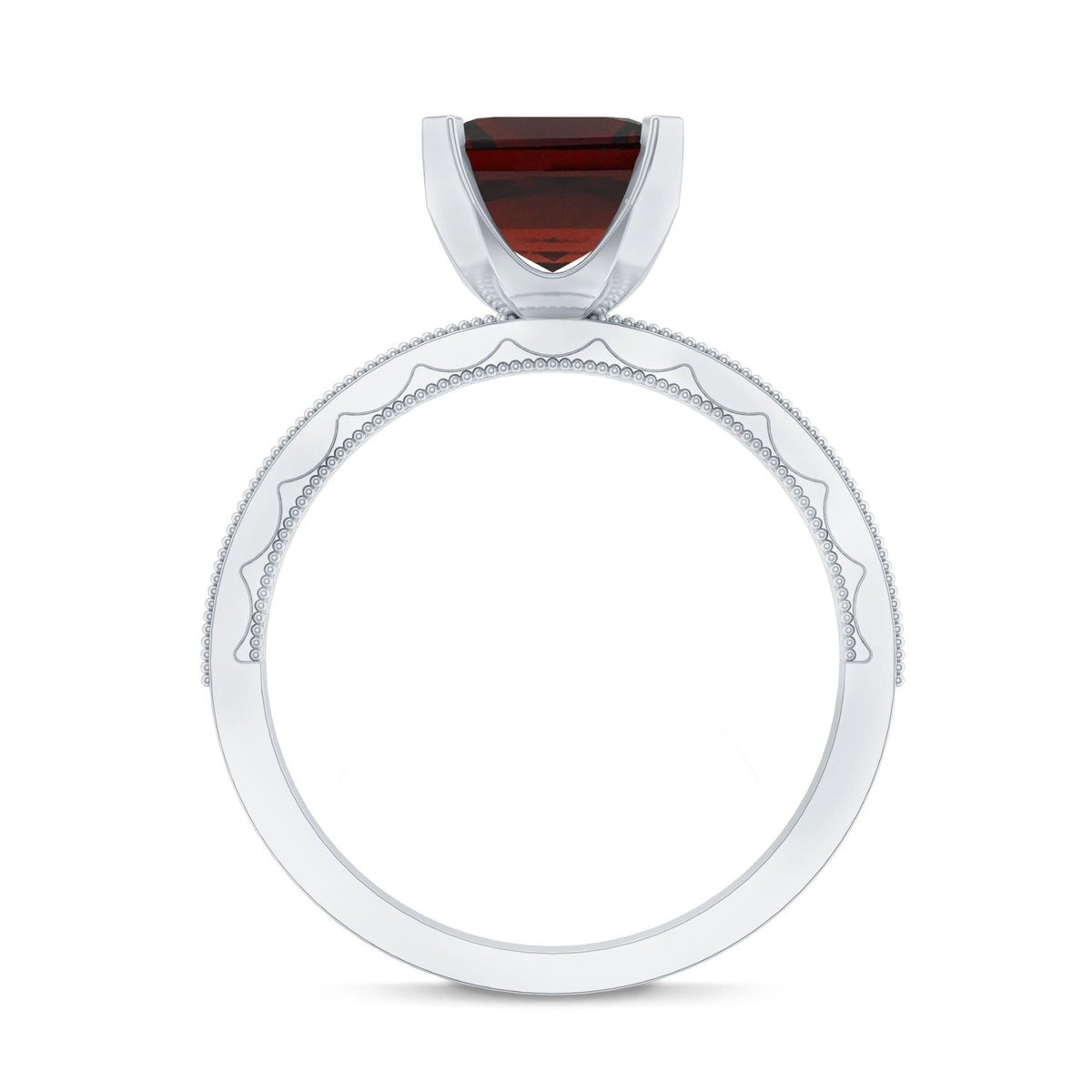 Natural 3.3 carat Asscher cut garnet engagement ring with diamond side stones by Rosec Jewels, showcasing the elegant ring design.