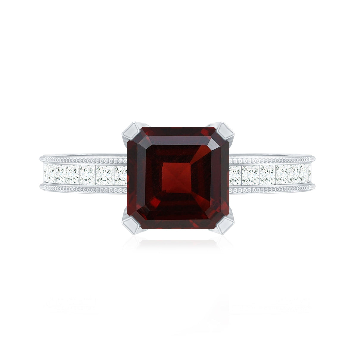 Natural 3.3 carat Asscher cut garnet engagement ring with diamond side stones by Rosec Jewels, showcasing a stunning gemstone and elegant design.