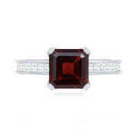 Natural 3.3 carat Asscher cut garnet engagement ring with diamond side stones by Rosec Jewels, showcasing a stunning gemstone and elegant design.