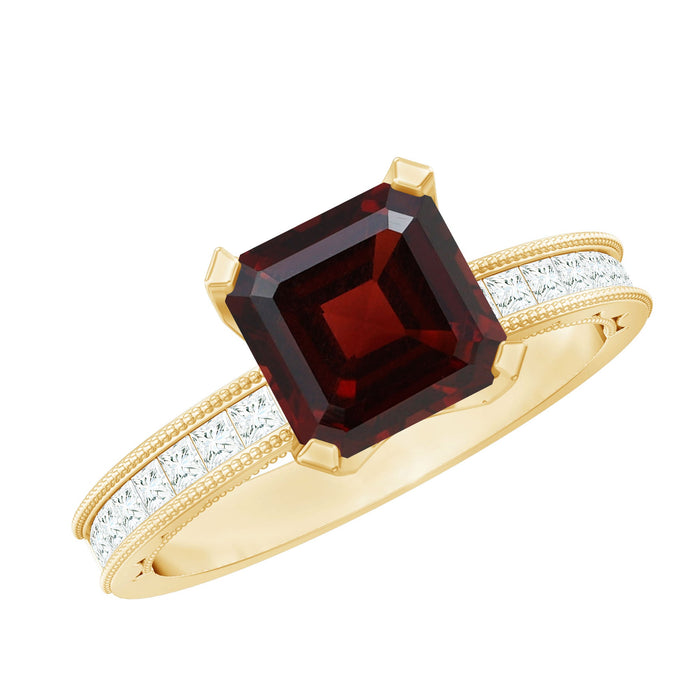Natural 3.3 carat Asscher cut garnet engagement ring with diamond side stones, featuring a sleek gold band from Rosec Jewels.