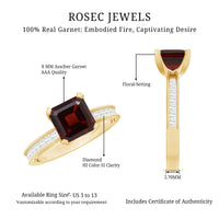 Natural 3.3 carat Asscher cut garnet engagement ring with diamond side stones, featuring a Rosec Jewels design.