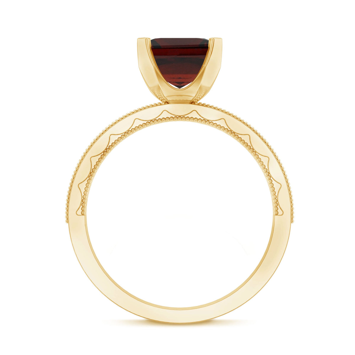Natural 3.3 carat Asscher cut garnet engagement ring with diamond side stones, featuring a rose gold band from Rosec Jewels.