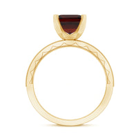 Natural 3.3 carat Asscher cut garnet engagement ring with diamond side stones, featuring a rose gold band from Rosec Jewels.