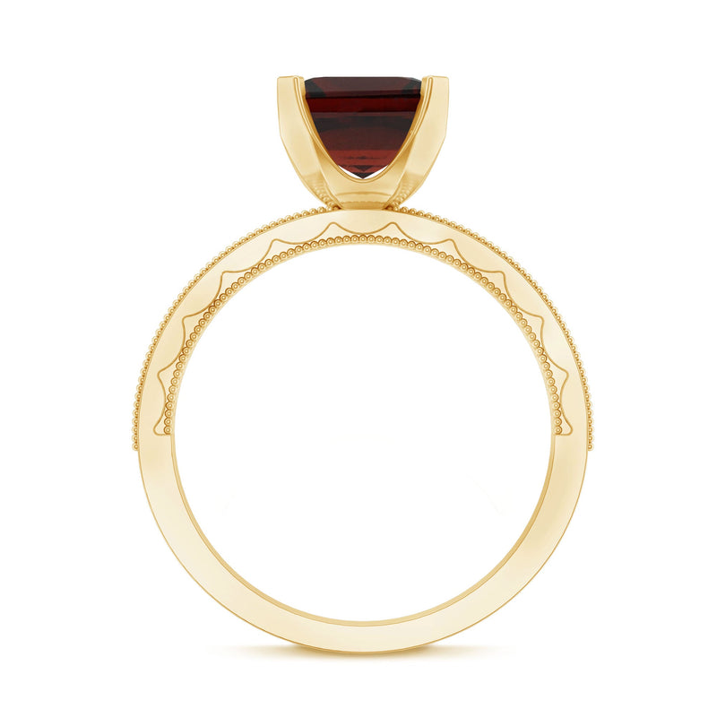 Natural 3.3 carat Asscher cut garnet engagement ring with diamond side stones, featuring a rose gold band from Rosec Jewels.