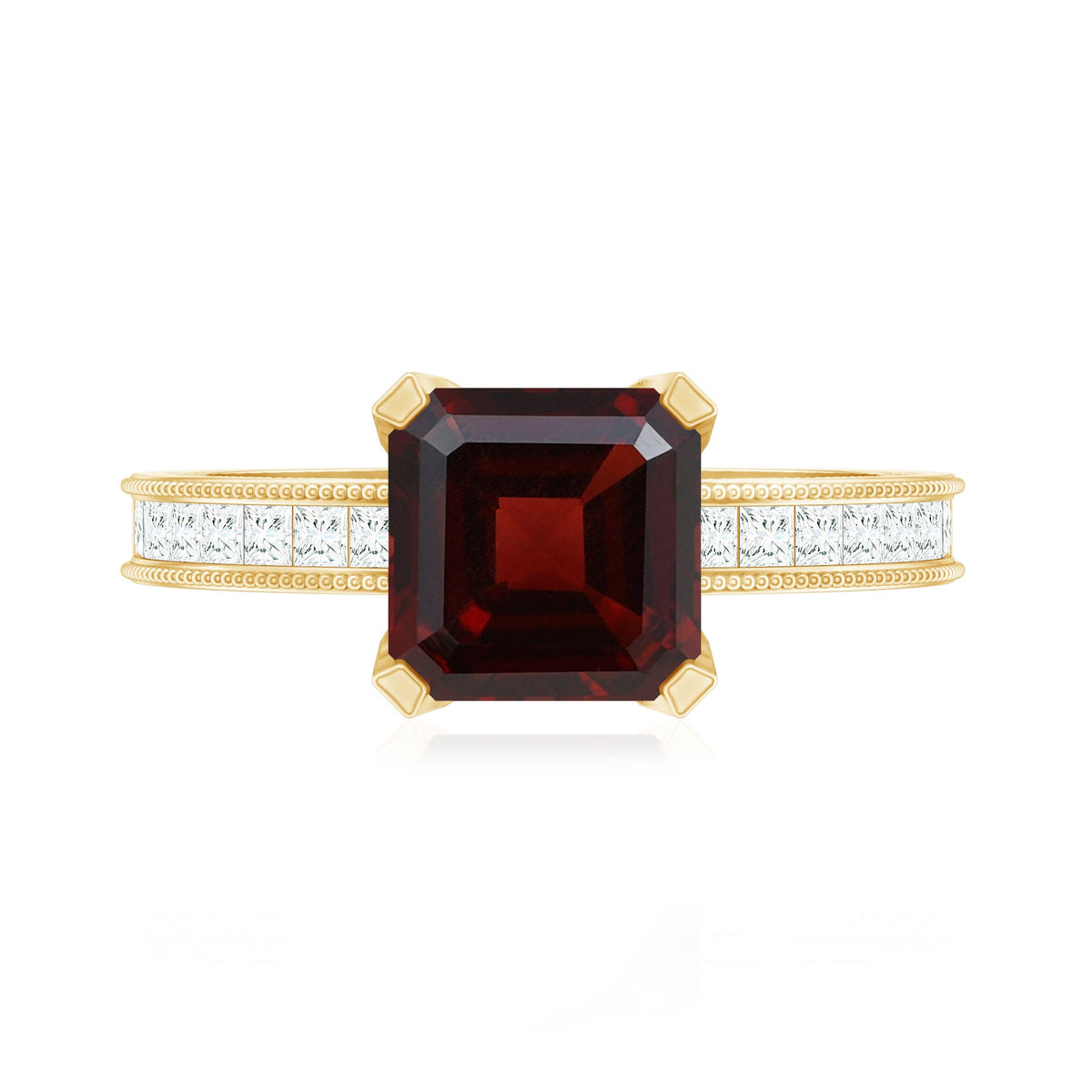 Natural 3.3 carat Asscher cut garnet engagement ring by Rosec Jewels with diamond side stones, showcasing a stunning gemstone and elegant design.