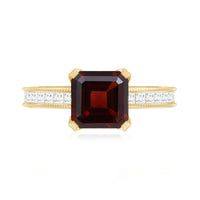 Natural 3.3 carat Asscher cut garnet engagement ring by Rosec Jewels with diamond side stones, showcasing a stunning gemstone and elegant design.