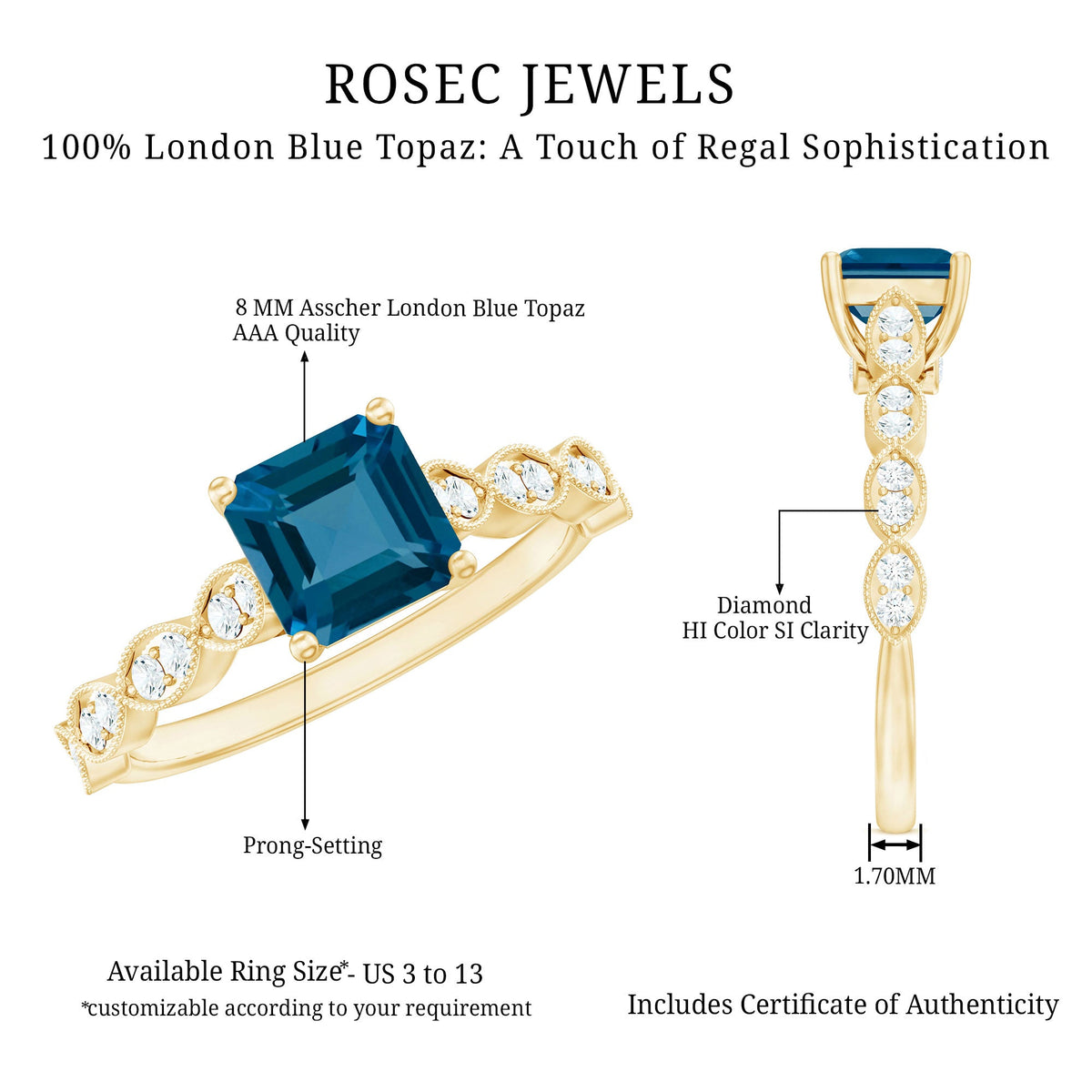 8mm Asscher Cut London Blue Topaz Designer Engagement Ring with Diamond