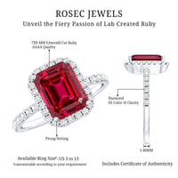 Lab Created Emerald Cut Ruby Engagement Ring with Diamond Halo