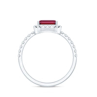 Lab Created Emerald Cut Ruby Engagement Ring with Diamond Halo