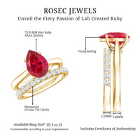 Pear Shape Created Ruby Solitaire Wedding Ring Set with Moissanite