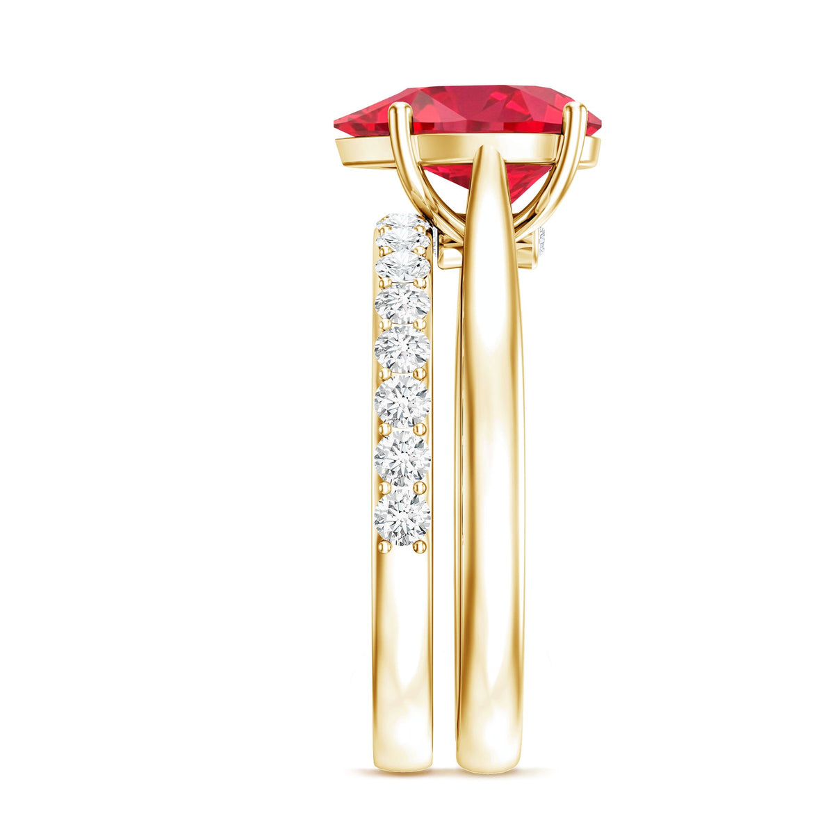 Pear Shape Created Ruby Solitaire Wedding Ring Set with Moissanite