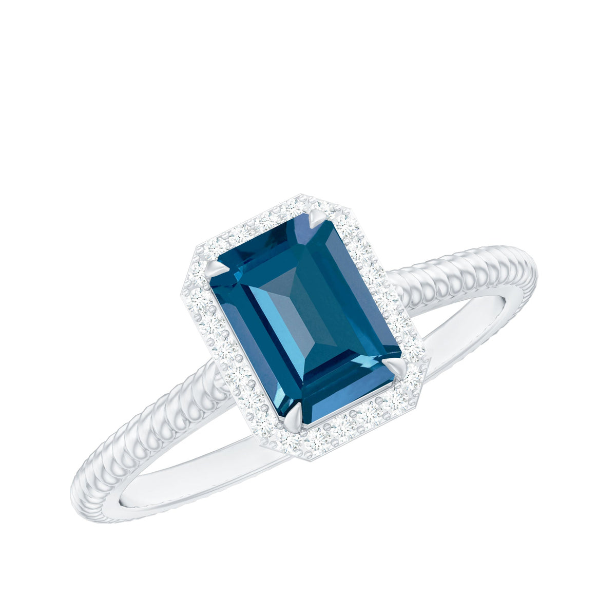Emerald cut blue topaz engagement ring with diamond halo, featuring rose gold band and intricate detailing by Rosec Jewels.
