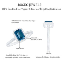 Emerald cut blue topaz engagement ring with diamond halo by Rosec Jewels, showcasing the sparkling center stone and intricate band details.