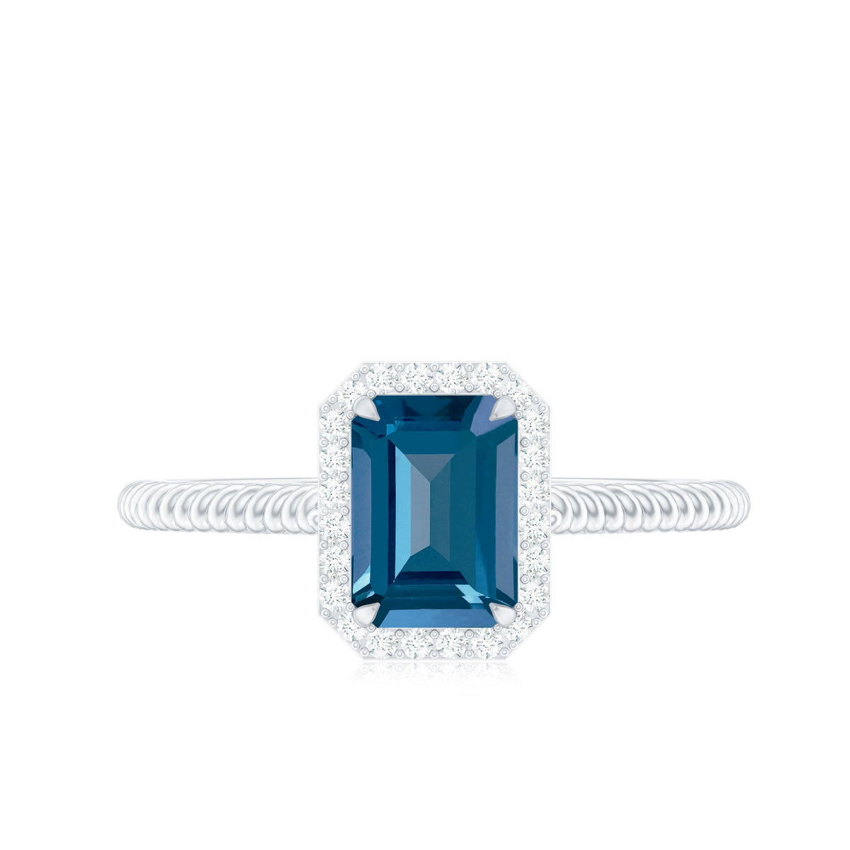 Emerald cut blue topaz engagement ring with diamond halo by Rosec Jewels, featuring a central blue topaz gemstone and surrounding diamonds.