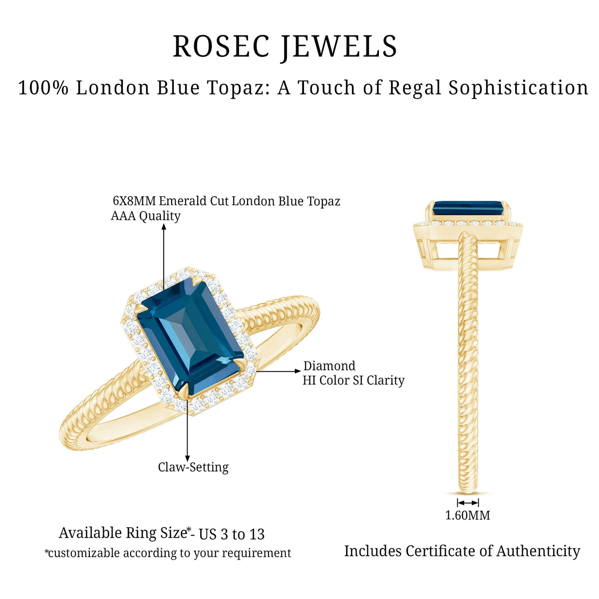Emerald cut blue topaz engagement ring with diamond halo by Rosec Jewels, showcasing a sparkling blue gemstone and surrounding diamonds.