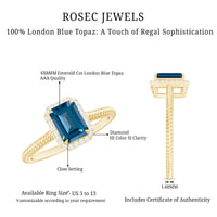 Emerald cut blue topaz engagement ring with diamond halo by Rosec Jewels, showcasing a sparkling blue gemstone and surrounding diamonds.