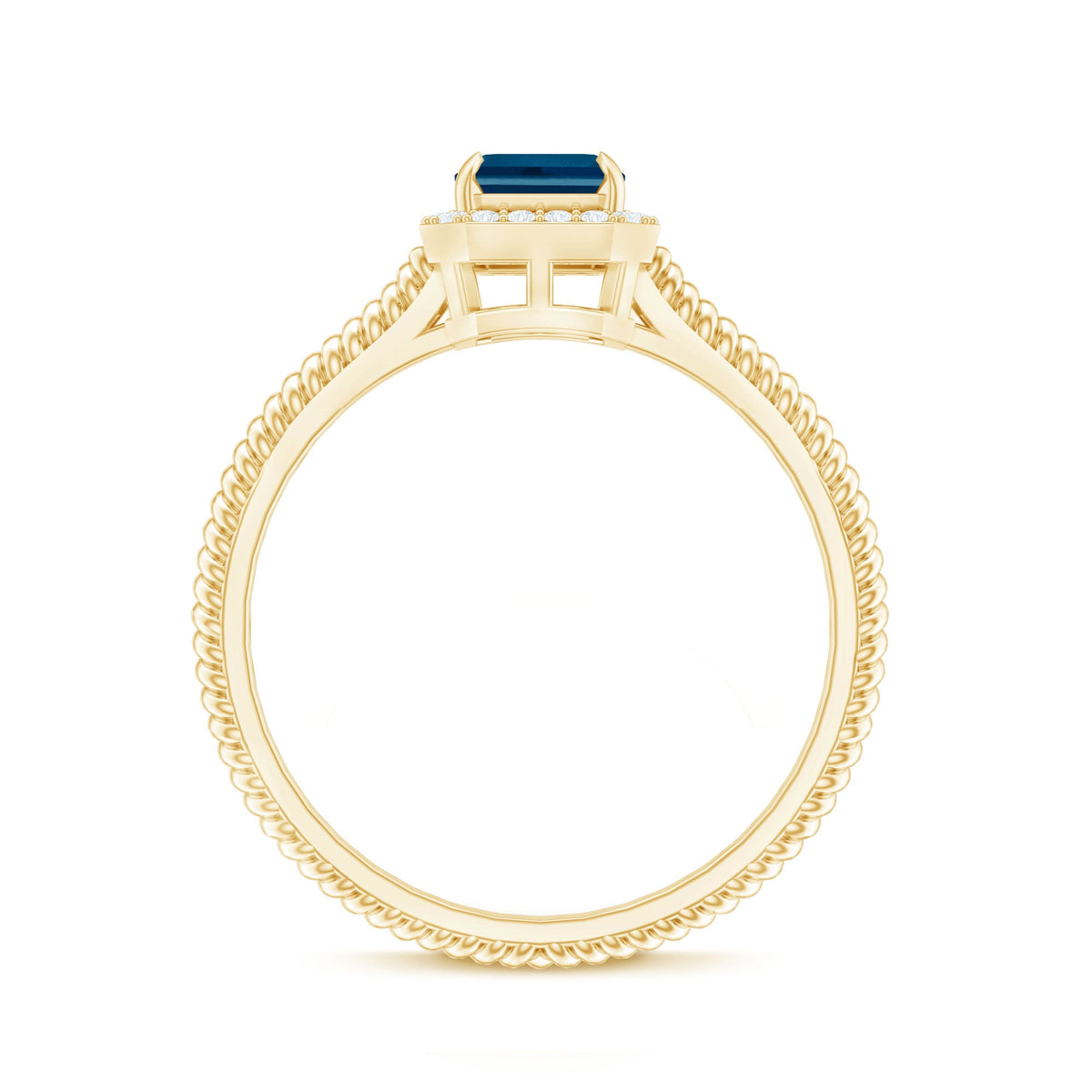 Emerald cut blue topaz engagement ring with diamond halo by Rosec Jewels, featuring a sparkling blue gemstone and intricate band design.