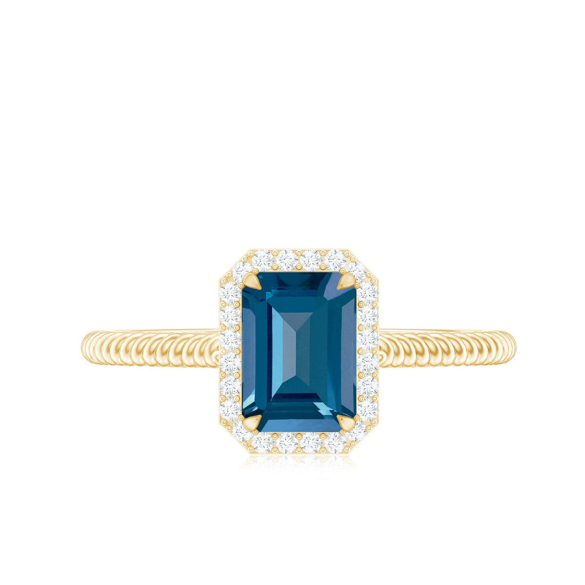 Emerald cut blue topaz engagement ring with diamond halo, featuring a silver band, from Rosec Jewels.