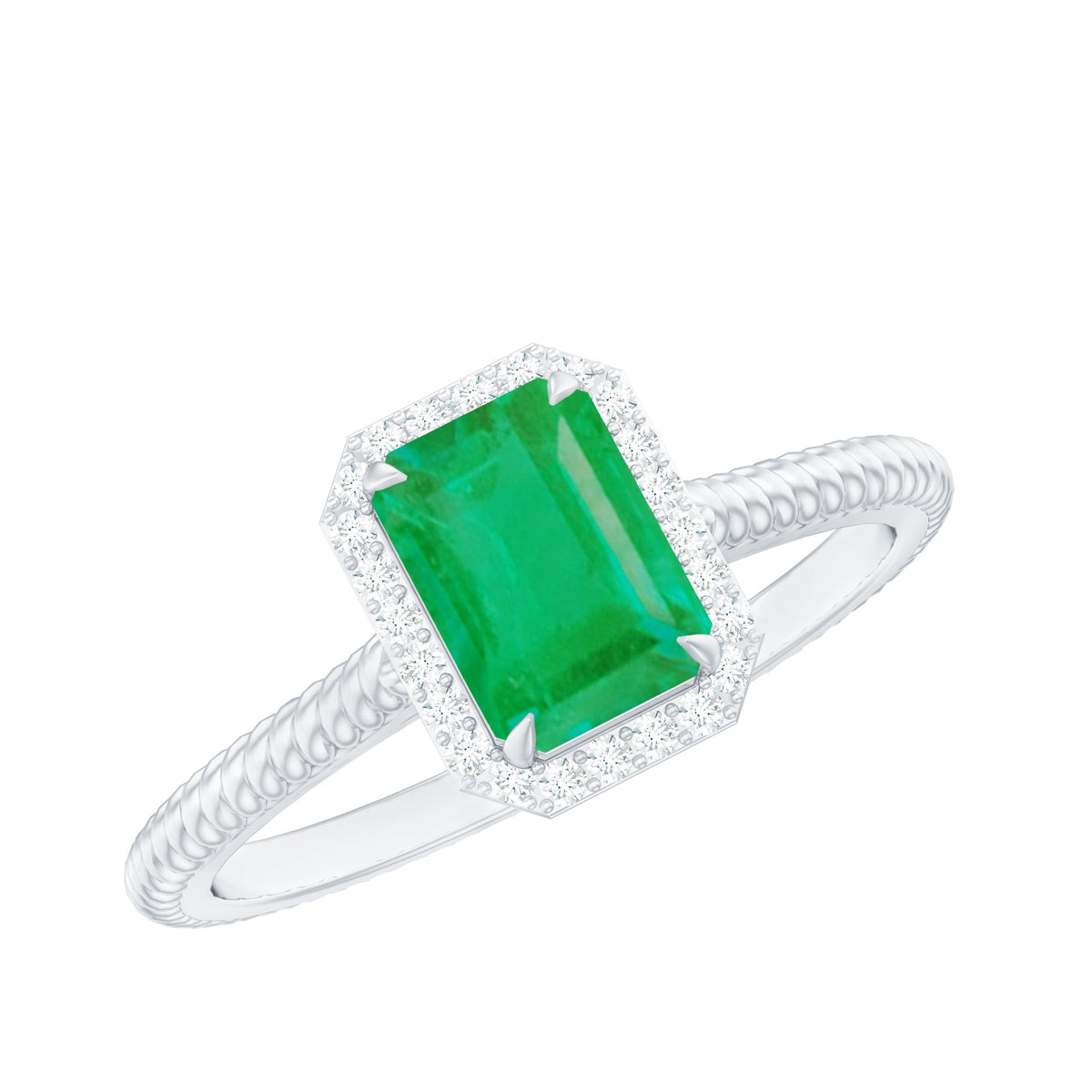 Natural 1.2 carat emerald engagement ring with diamond halo from Rosec Jewels, featuring a central emerald gemstone and sparkling diamond accents.