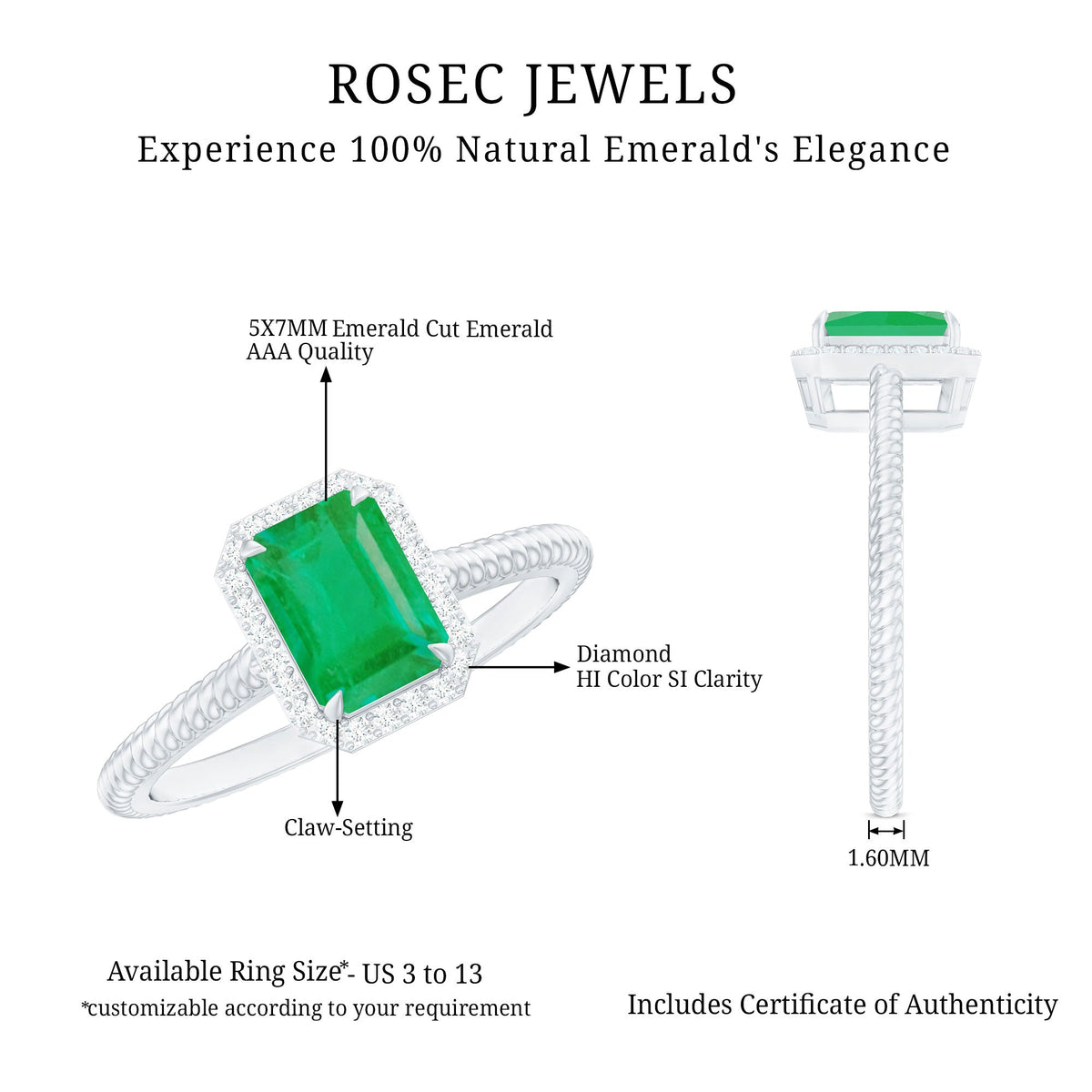 Natural 1.2 carat emerald engagement ring with diamond halo by Rosec Jewels, featuring a vibrant green emerald centerpiece and sparkling diamonds.